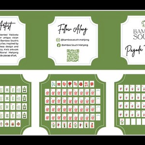 May include: A green and white graphic for a Pagoda Tile Set by Bamboo South. The image includes text about the artist, contact information, and a QR code. The bottom of the image shows three sets of Mahjong tiles.