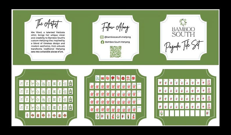 May include: A green and white graphic for a Pagoda Tile Set by Bamboo South. The image includes text about the artist, contact information, and a QR code. The bottom of the image shows three sets of Mahjong tiles.