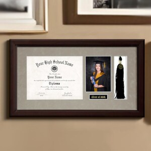 May include: A framed diploma with a black tassel and a photo of a graduate in a cap and gown. The diploma reads "Your High School Name" and "Diploma". The photo is captioned "Class of 2018".