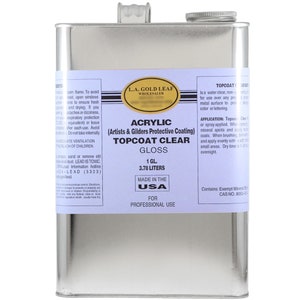 May include: A silver can of L.A. Gold Leaf Acrylic Topcoat Clear Gloss protective coating for artists and gilders. The can is 1 gallon (3.78 liters) and is made in the USA. The label is white with black text and a gold leaf logo.