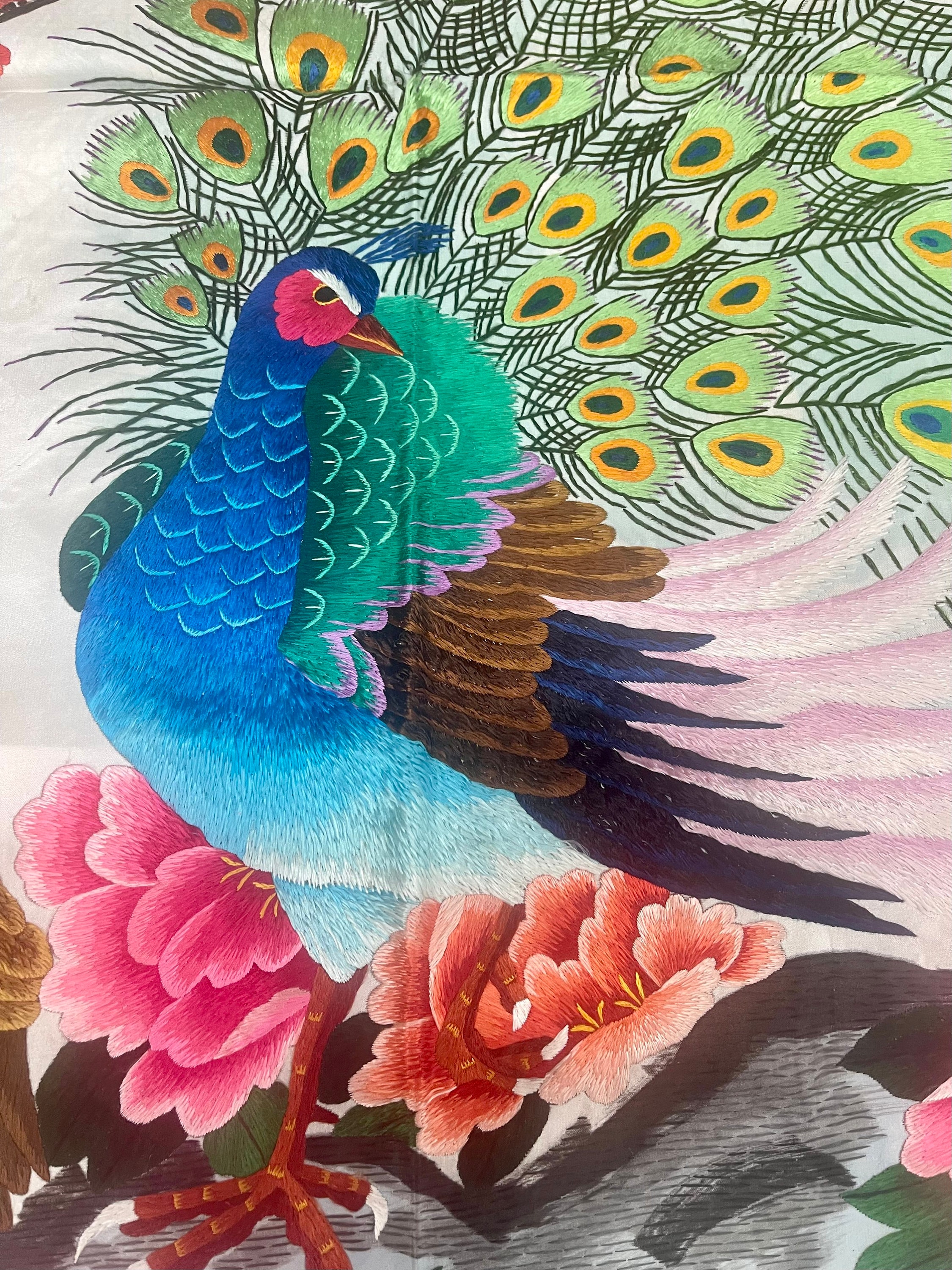 手織りシルク中国刺繍 - 孔雀と牡丹の花 (200 cm x 91 cm) #3 - Etsy 日本