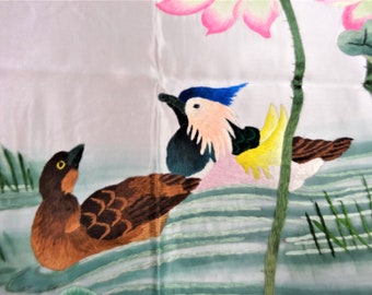 手織りシルク中国刺繍 - 蓮と鴛鴦 (153 cm x 73 cm) #1 - Etsy 日本