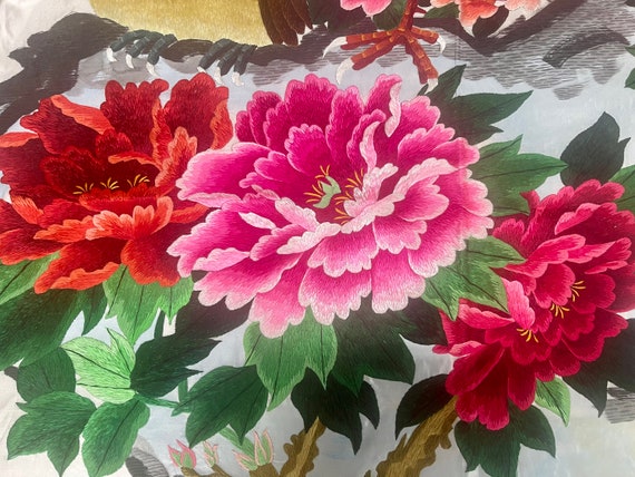 手織りシルク中国刺繍 - 孔雀と牡丹の花 (200 cm x 91 cm) #3 - Etsy 日本