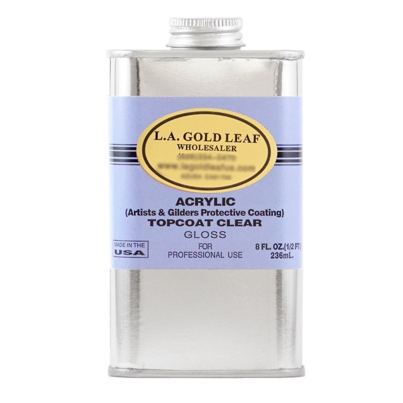 May include: A silver can of L.A. Gold Leaf Topcoat Clear Acrylic Gloss for professional use. The can is labeled with the brand name, product name, and size: 8 fl oz (1/2 pt) or 236 ml. Made in the USA.