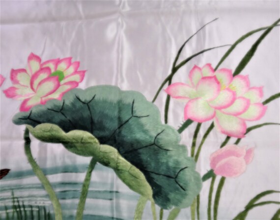 手織りシルク中国刺繍 - 蓮と鴛鴦 (153 cm x 73 cm) #1 - Etsy 日本