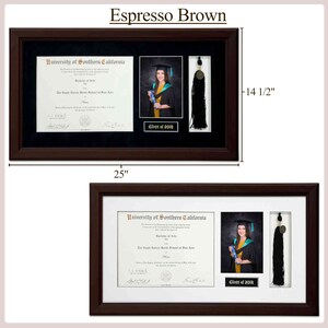 May include: Espresso brown diploma frame with a black mat, white mat, and a black tassel. The frame is 25 inches wide and 14 1/2 inches tall. The diploma is from the University of Southern California and says "Class of 2018".