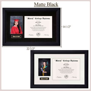 May include: A black diploma frame with a white mount and a photo of a graduate in a cap and gown. The frame is 22 1/2 inches wide and 14 1/2 inches tall. The text on the diploma reads "Match" College Diploma.