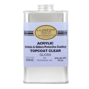 May include: A silver can of L.A. Gold Leaf Acrylic Topcoat Clear Gloss for artists and gilders. It is made in the USA and is 16 fluid ounces (1 pint) or 473 milliliters.