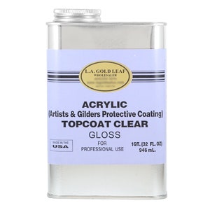 May include: A silver can of L.A. Gold Leaf Acrylic Topcoat Clear Gloss for Artists & Gilders Protective Coating. Made in the USA. 1 qt. (32 fl. oz) 946 ml.