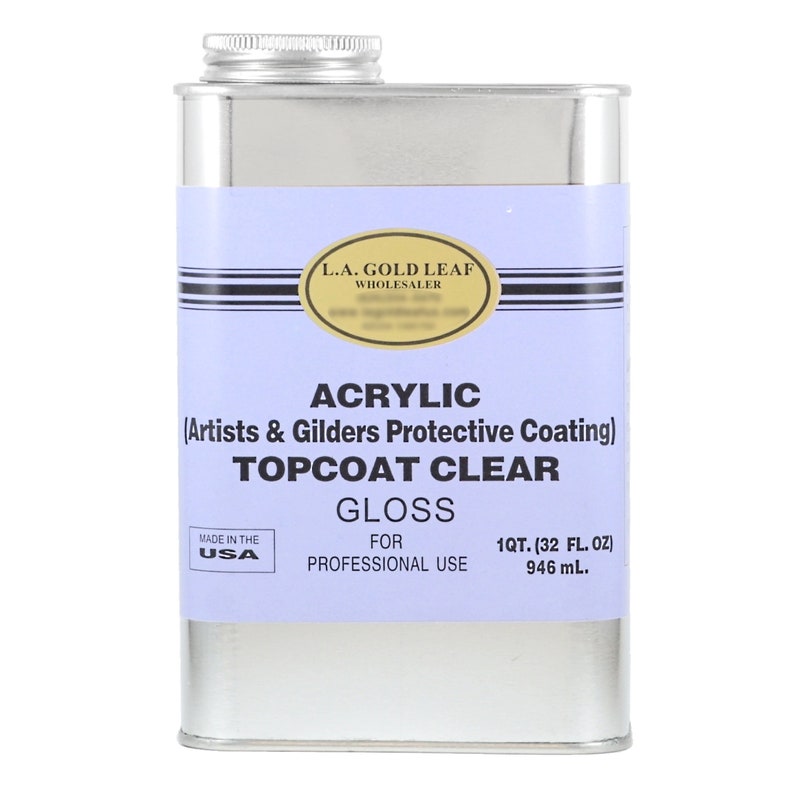 May include: A silver can of L.A. Gold Leaf Acrylic Topcoat Clear Gloss for Artists & Gilders Protective Coating. Made in the USA. 1 qt. (32 fl. oz) 946 ml.