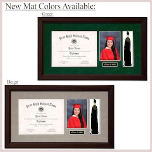 May include: Two diploma frames with different mat colors. The top frame has a green mat and the bottom frame has a beige mat. Both frames have a diploma, a photo of a graduate, and a graduation tassel.