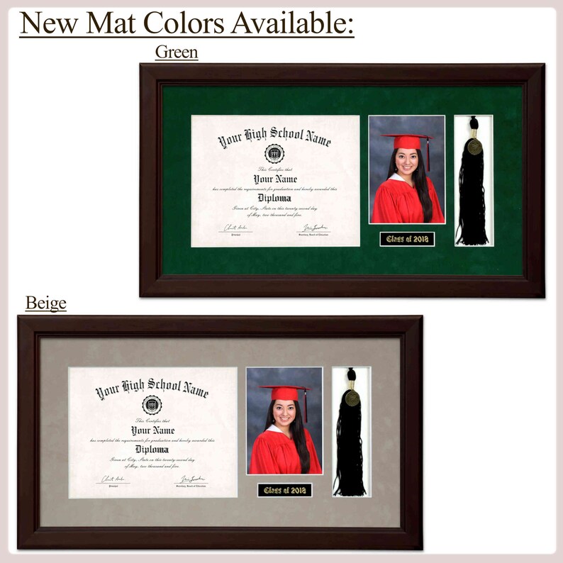 May include: Two diploma frames with different mat colors. The top frame has a green mat and the bottom frame has a beige mat. Both frames have a diploma, a photo of a graduate, and a graduation tassel.