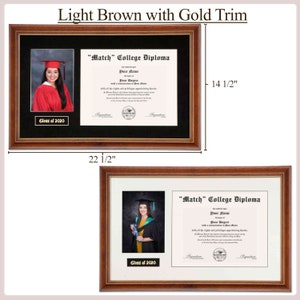 May include: A light brown diploma frame with gold trim. The frame is 57.15 cm wide and 36.83 cm tall. The frame has a black mat and a white mat. The frame includes a photo of a graduate in a cap and gown. The diploma is for a "Match" College Diploma. The text on the diploma reads "Your Name", "Your Degree", and "Class of 2020".