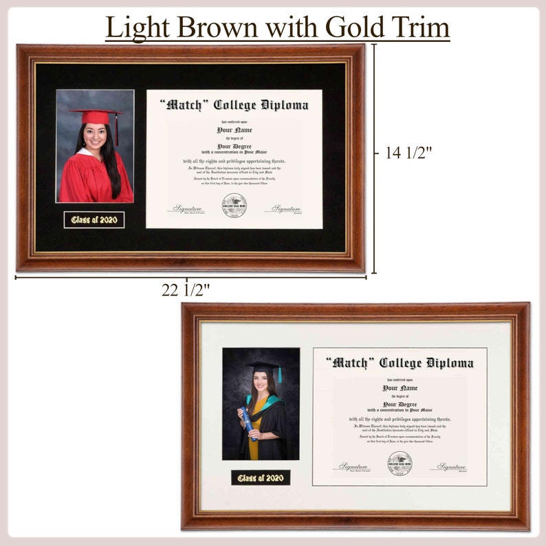 May include: A light brown diploma frame with gold trim. The frame is 57.15 cm wide and 36.83 cm tall. The frame has a black mat and a white mat. The frame includes a photo of a graduate in a cap and gown. The diploma is for a "Match" College Diploma. The text on the diploma reads "Your Name", "Your Degree", and "Class of 2020".