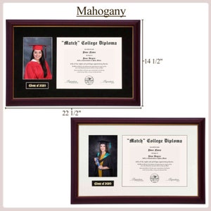 May include: A mahogany wood picture frame with a black mount and a white mount. The frame is 57.15 cm wide and 36.83 cm tall. The frame has a diploma inside with the text "Match" College Diploma. The diploma has a photo of a person in a graduation gown and cap. The text "Class of 2020" is below the photo.