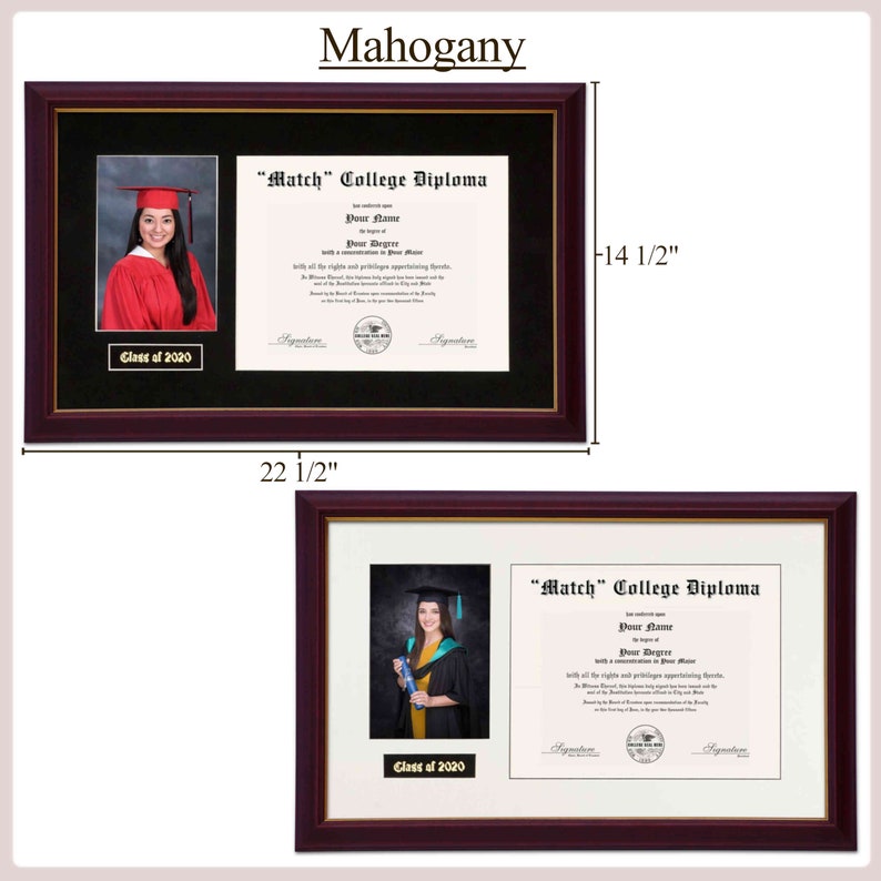 May include: A mahogany wood picture frame with a black mount and a white mount. The frame is 57.15 cm wide and 36.83 cm tall. The frame has a diploma inside with the text "Match" College Diploma. The diploma has a photo of a person in a graduation gown and cap. The text "Class of 2020" is below the photo.