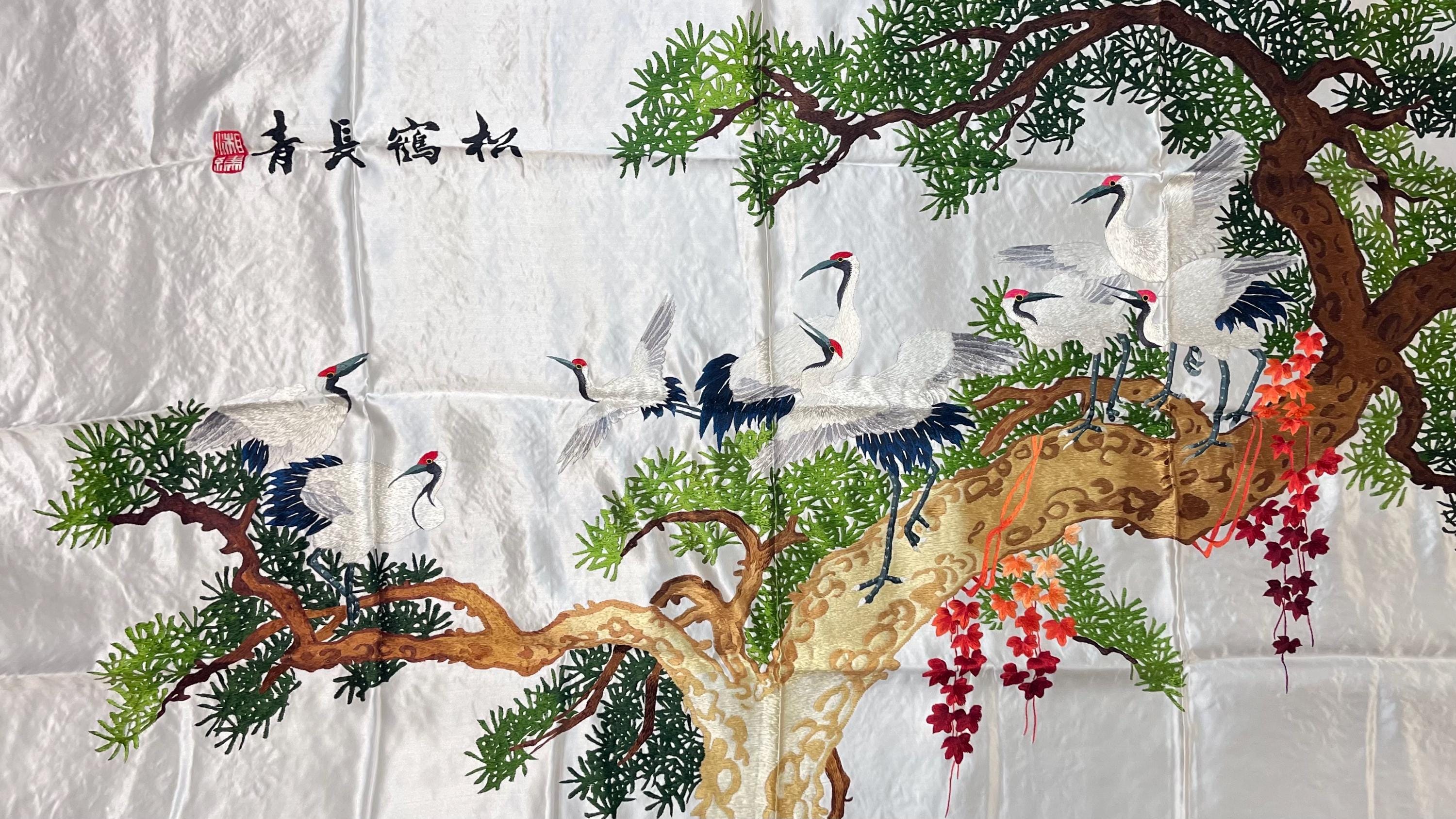 手織りシルク中国刺繍 - 8羽の鶴（120 cm X 73 cm）#2 - Etsy 日本