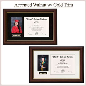 May include: Two diploma frames with a gold trim and accented walnut finish. Each frame features a photo of a graduate in their cap and gown and a diploma with the text "Match" College Diploma. The text "Class of 2020" is printed on a gold plaque below each photo.
