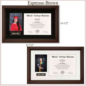 May include: Espresso brown wood picture frame with a black mount and a white mount. The frame is 22 1/2 inches wide and 14 1/2 inches tall. The frame has a diploma and a photo of a graduate in a cap and gown. The diploma has the text "Match" College Diploma" and the text "Class of 2020" is on the photo.
