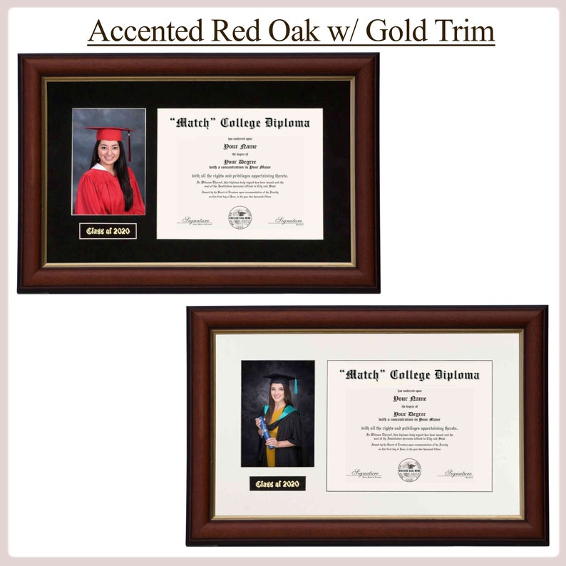 May include: Two diploma frames with a red oak finish and gold trim. Each frame features a black and white diploma with the text "Match" College Diploma. The top frame includes a photo of a woman in a red cap and gown. The bottom frame includes a photo of a woman in a blue cap and gown. Both frames have the text "Class of 2020" at the bottom.