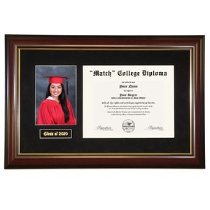 College Diploma Frame (Diploma Size 8.5 x 11) w/ Photo & Engraving (White/Black Mat)