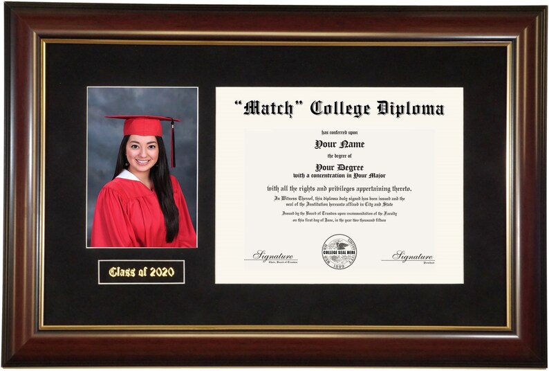 May include: A framed college diploma with a photo of a graduate in a red cap and gown. The diploma reads "Match" College Diploma and includes the text "Class of 2020".
