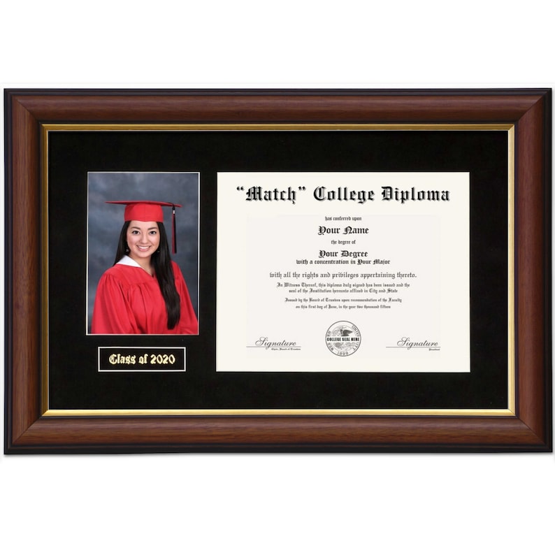 May include: A framed college diploma with a black background and gold trim. The diploma has the text "Match" College Diploma" and includes the graduate's name, degree, and major. A photo of a woman in a red graduation gown is in the top left corner of the frame. The text "Class of 2020" is below the photo.