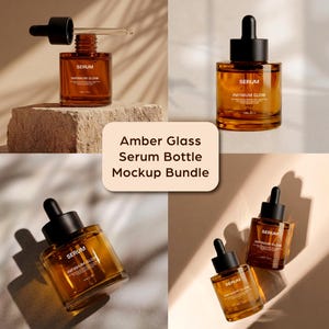 Puede incluir: Botella de suero de vidrio &aacute;mbar con un cuentagotas negro. La botella est&aacute; etiquetada como "SERUM" e "INFINIUM GLOW". La imagen es un paquete de maquetas de la botella de suero, que muestra diferentes &aacute;ngulos e iluminaci&oacute;n.