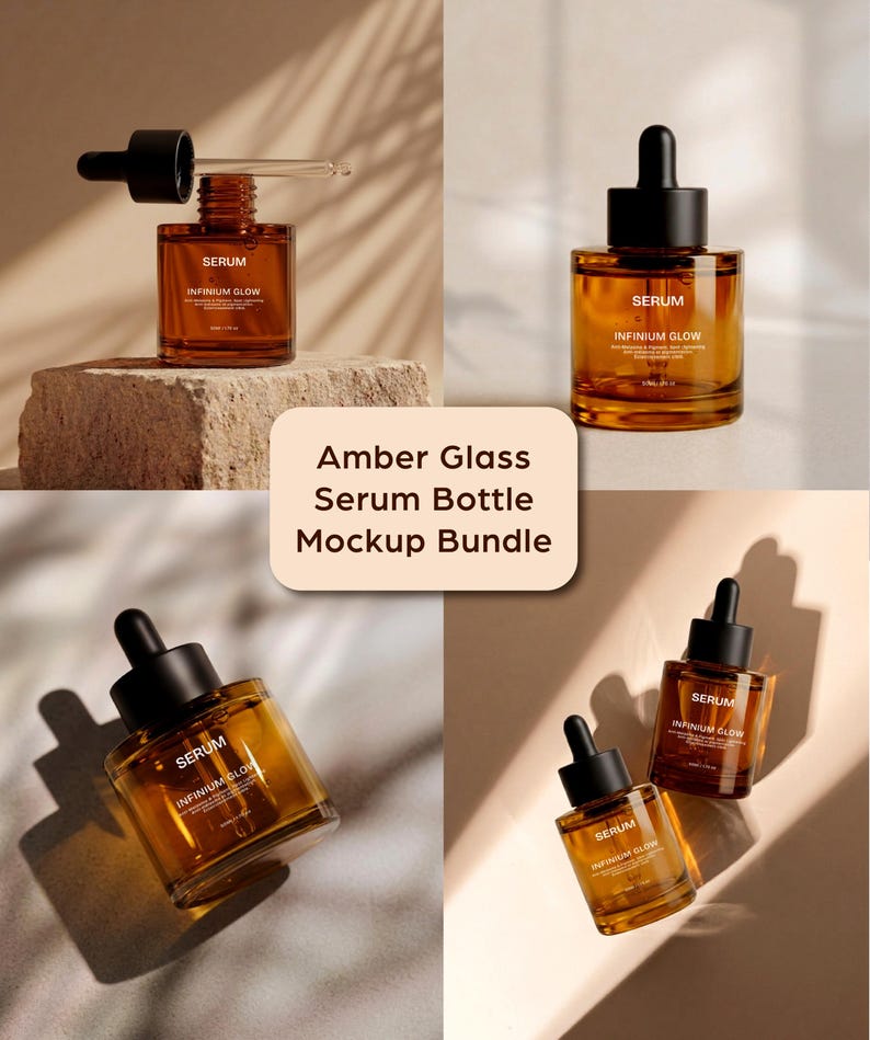 Puede incluir: Botella de suero de vidrio &aacute;mbar con un cuentagotas negro. La botella est&aacute; etiquetada como "SERUM" e "INFINIUM GLOW". La imagen es un paquete de maquetas de la botella de suero, que muestra diferentes &aacute;ngulos e iluminaci&oacute;n.