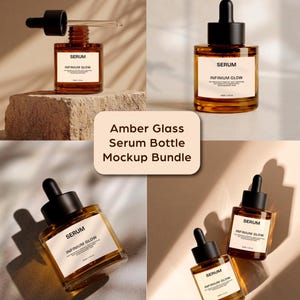 Puede incluir: Se muestran varias botellas de suero de vidrio &aacute;mbar con cuentagotas negros. Cada botella tiene una etiqueta blanca con el texto "SERUM" e "INFINIUM GLOW". La imagen tambi&eacute;n incluye el texto "Amber Glass Serum Bottle Mockup Bundle".