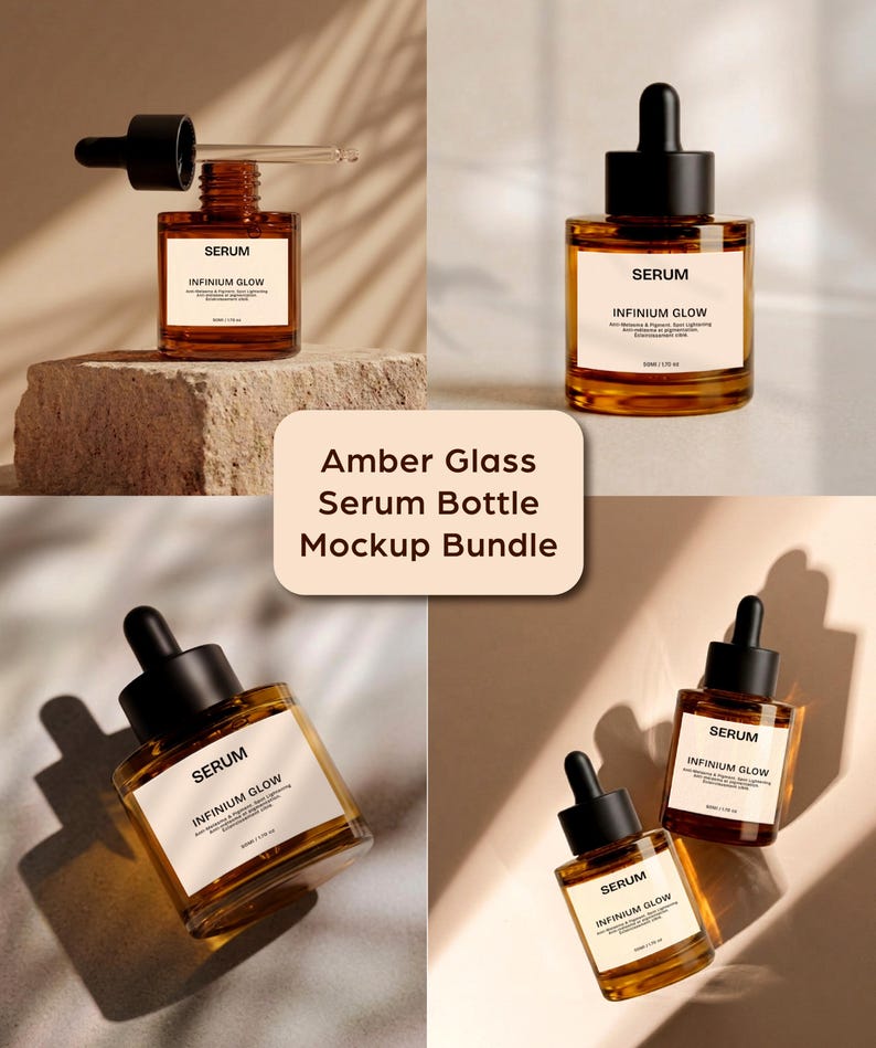 Puede incluir: Se muestran varias botellas de suero de vidrio &aacute;mbar con cuentagotas negros. Cada botella tiene una etiqueta blanca con el texto "SERUM" e "INFINIUM GLOW". La imagen tambi&eacute;n incluye el texto "Amber Glass Serum Bottle Mockup Bundle".