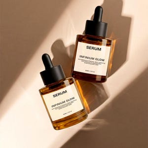 Puede incluir: Dos frascos de s&eacute;rum &aacute;mbar con cuentagotas negros. Cada frasco tiene una etiqueta blanca con la palabra "SERUM" e "INFINIUM GLOW" impresas. Los frascos est&aacute;n en &aacute;ngulo, sobre un fondo beige neutro.