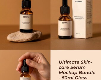 Paquete de maquetas PSD de sérum facial de máxima calidad, gotero de vidrio de 50 ml y caja, manos realistas, maquetas de envases