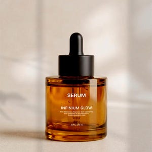 Puede incluir: Botella de suero de vidrio &aacute;mbar transparente con tapa cuentagotas negra. La etiqueta dice "SERUM" e "INFINIUM GLOW". La botella contiene 50 ml de producto. El suero es para anti-melasma y aclaramiento de manchas pigmentarias.