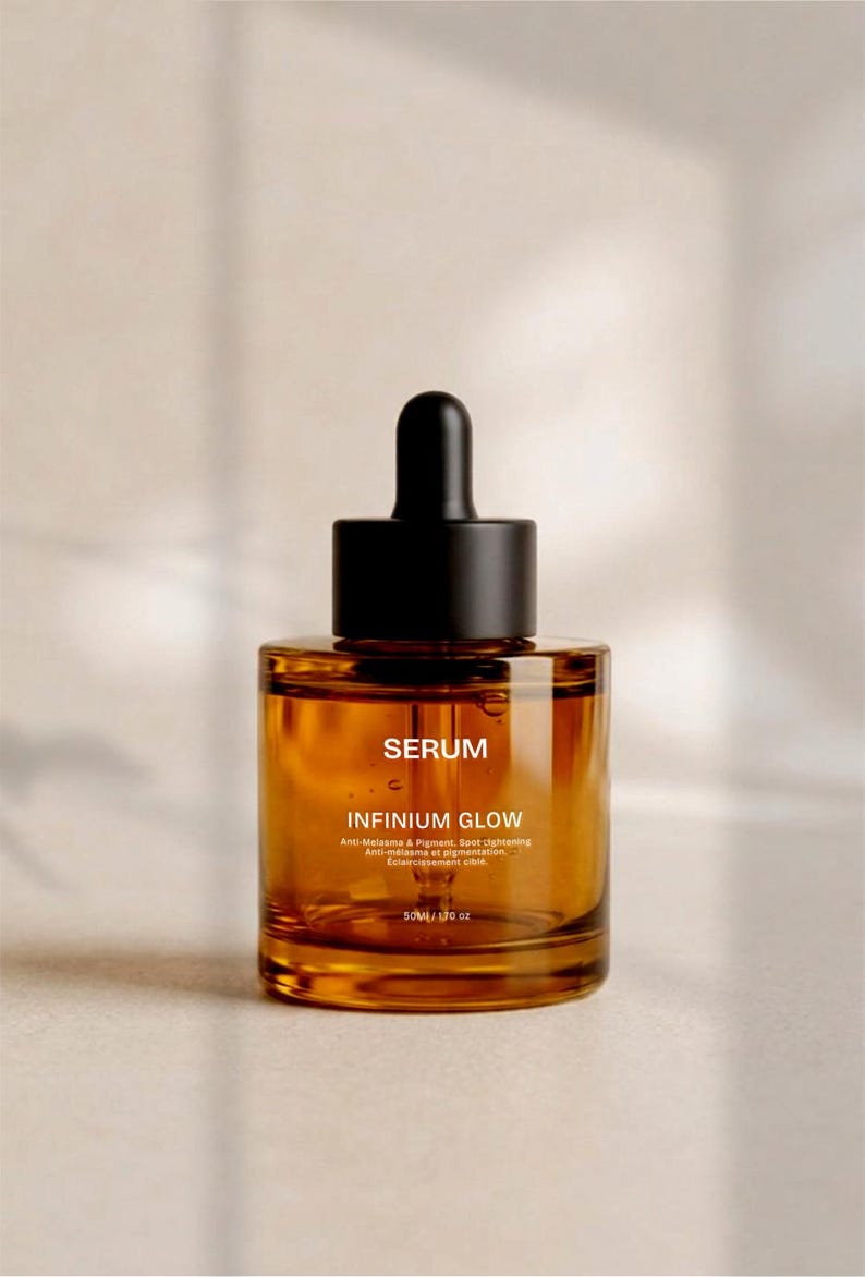 Puede incluir: Botella de suero de vidrio &aacute;mbar transparente con tapa cuentagotas negra. La etiqueta dice "SERUM" e "INFINIUM GLOW". La botella contiene 50 ml de producto. El suero es para anti-melasma y aclaramiento de manchas pigmentarias.