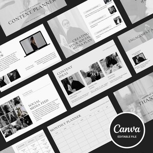 Può includere: Una raccolta di modelli di pianificazione dei contenuti dei social media in scala di grigi. I modelli includono sezioni per idee di contenuto, pianificazione mensile e analisi del coinvolgimento. Il file modificabile di Canva è etichettato come "Luxury Social Media Content Planner Template."