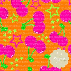 May include: Orange background with a repeating pattern of bright pink cherries, green stars, and green leaves. The phrase "art theft is not a joke, Jim" is repeated throughout the design. A floral logo is in the bottom right corner.