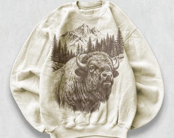 Vintage Mountain Bison Sweatshirt, 90s Rustic Wildlife Art Crewneck, Western Forest Portrait Graphic Sweater