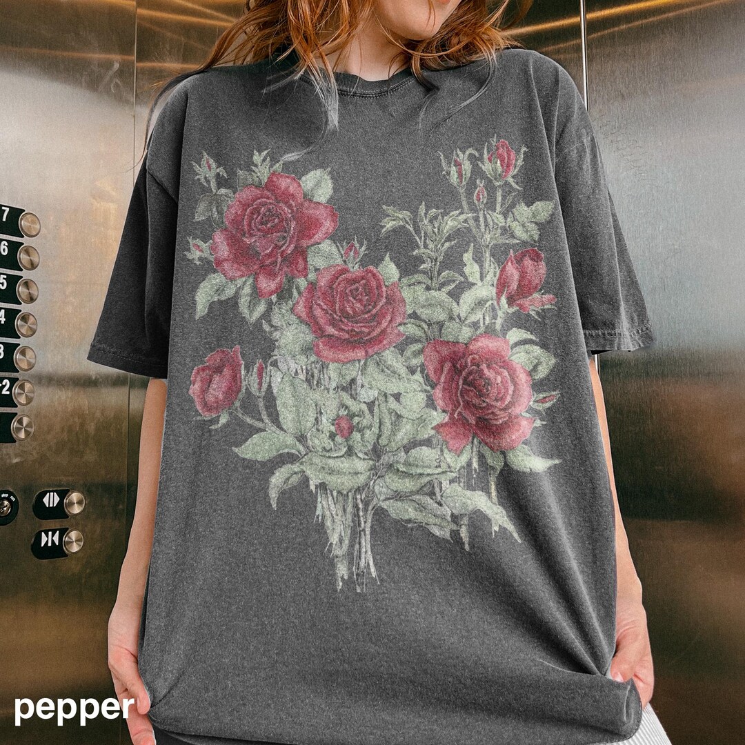 Rose Through Tee Vintage Red Rose Tee, Botanical Flower Bouquet Illustration ...