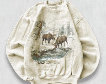 Vintage Moose Pair Sweatshirt, 90s Wildlife Nature Art Crewneck, Snowy Forest River Graphic Sweater Gift