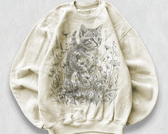 Vintage Wildflower Kitten Sweatshirt, 90s Cottagecore Pet Art Crewneck, Floral Garden Cat Nature Graphic Sweater Gift