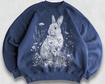 Vintage-Sweatshirt mit Wiesenhasen-Motiv, 90er-Jahre-Cottagecore-Stil, Rundhalsausschnitt, florales Feldhasen-Naturmotiv, Geschenkidee