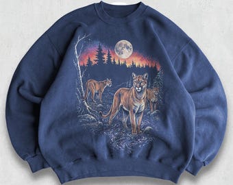 Vintage Cougar Moon Sweatshirt, 90s Mountain Lion Wildlife Crewneck, Sunset Forest Night Graphic Sweater