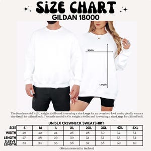 May include: White unisex crewneck sweatshirt with a size chart. The chart includes measurements in inches for width, length, and sleeve length, ranging from size S to 5XL. The text "SIZE CHART" and "GILDAN 18000" are at the top.