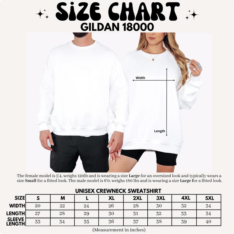 May include: White unisex crewneck sweatshirt with a size chart. The chart includes measurements in inches for width, length, and sleeve length, ranging from size S to 5XL. The text "SIZE CHART" and "GILDAN 18000" are at the top.
