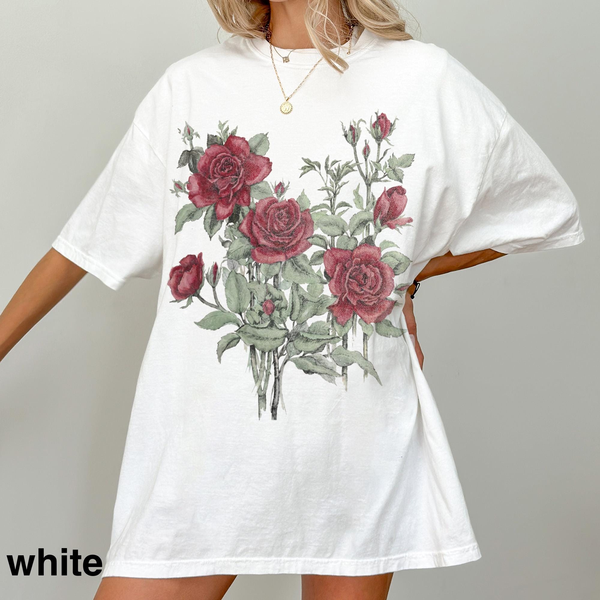Rose Through Tee Vintage Red Rose Tee, Botanical Flower Bouquet Illustration ...
