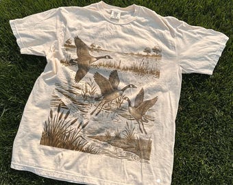 Vintage 90s Flying Ducks Wildlife Graphic Tee, Retro Waterfowl Nature Shirt, Classic Outdoor Animal Illustration