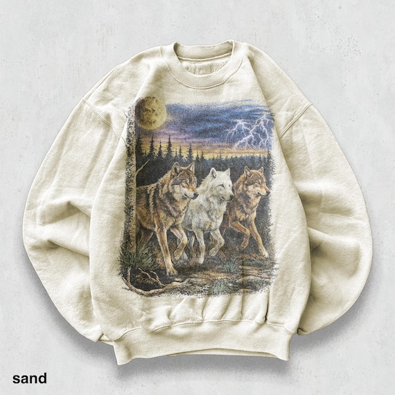 Vintage Wolf Trio Sweatshirt, 90s Wildlife Art Crewneck, Thunderstorm Moon Forest Night Graphic Sweater