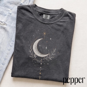 Y2K Boho Moon Graphic Tee, Celestial Crescent Illustration Shirt, Mystic Minimalist Style Top, Comfort Colors® Moon Gift Tee