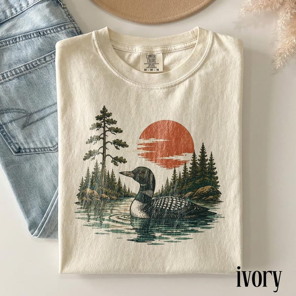 Vintage Loon See Natur Shirt, Retro Wildtier Vogel Grafik T-Shirt, klassisches Waldsee Landschafts Top Komfort Colors® Outdoor Geschenk